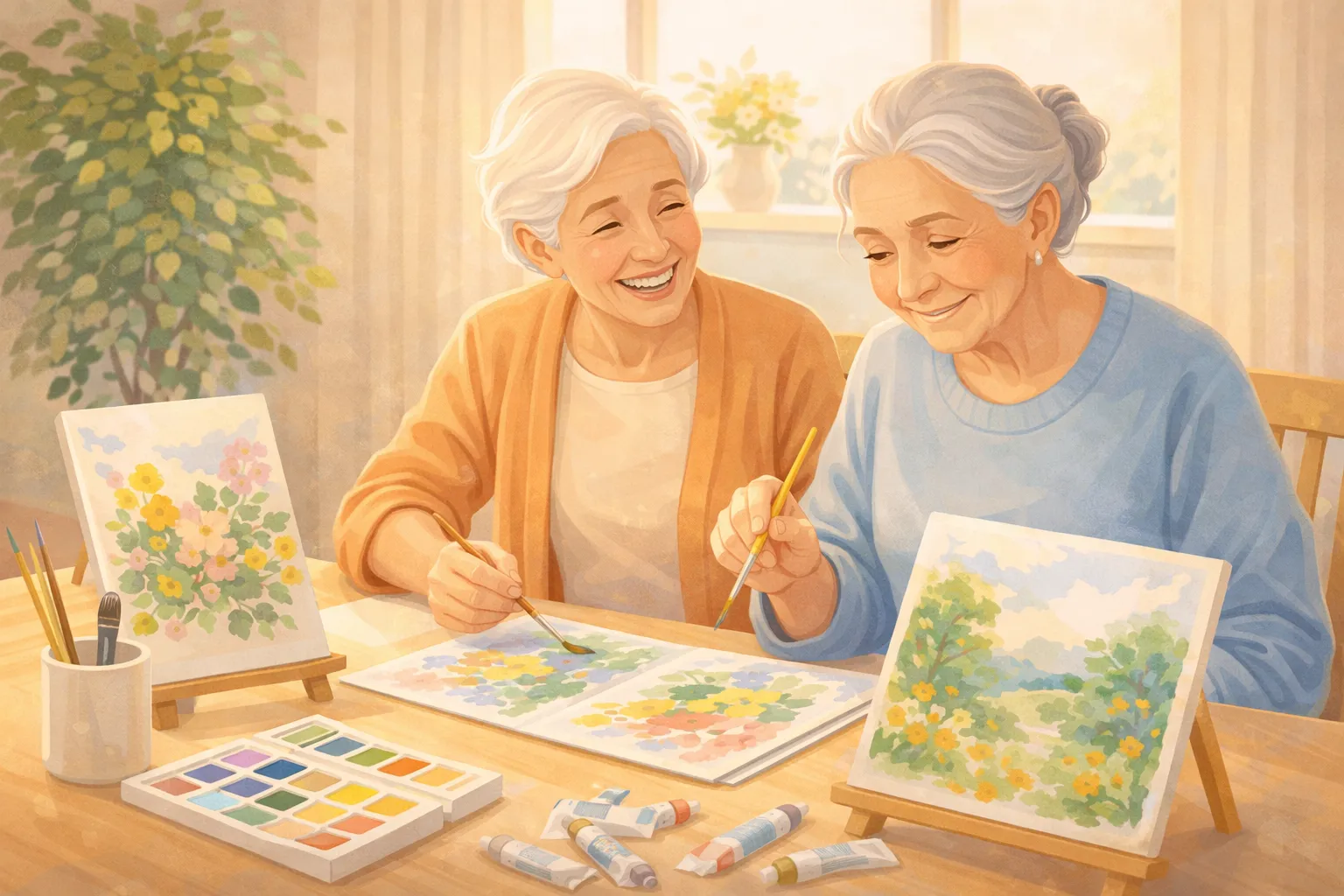 Två äldre damer som målar akvarell tillsammans
