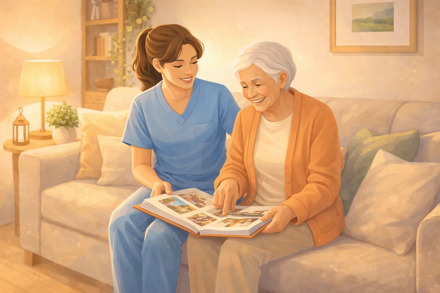 En vårdgivare och en äldre person som ser på ett fotoalbum tillsammans